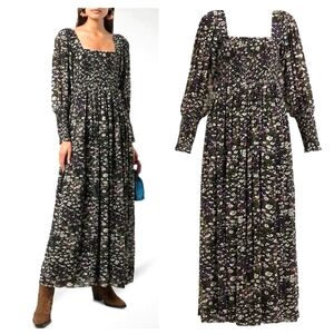 Ganni Dress Floral Maxi Smocked Georgette Long Sleeves Boho
